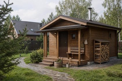 Деревянная баня на загородном участке рядом с домом