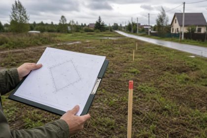 Покупатель осматривает участок под строительство дома с планом и кадастровой схемой